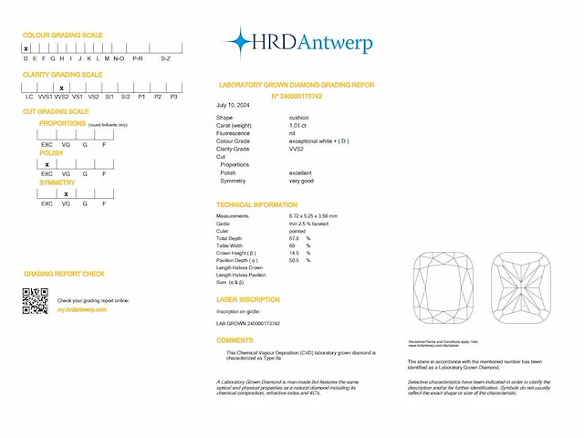 Diamant - cushion 1.01 ct - d/vvs2 (hrd gecertificeerd) - afbeelding 4 van  4