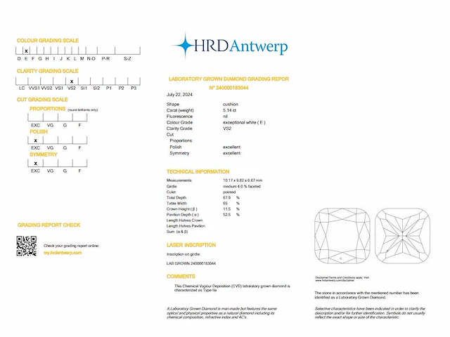 Diamant - cushion 5.14 ct - e/vs2 (hrd gecertificeerd) - afbeelding 4 van  4