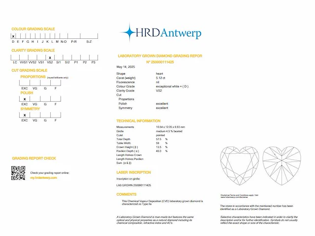 Diamant - heart 5.12 ct - d/vs2 (hrd gecertificeerd) - afbeelding 4 van  4