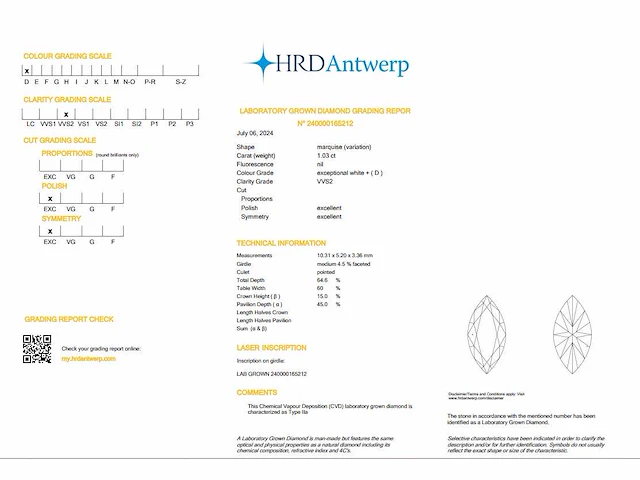Diamant - marquise 1.03 ct - d/vvs2 (hrd gecertificeerd) - afbeelding 3 van  3