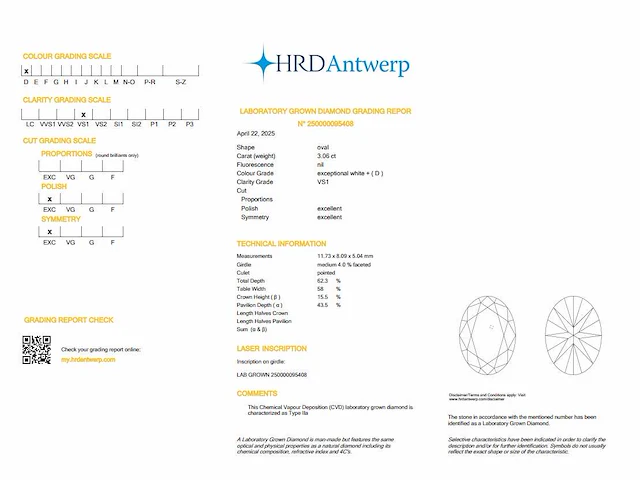 Diamant - oval 3.06 ct - d/vs1 (hrd gecertificeerd) - afbeelding 4 van  4