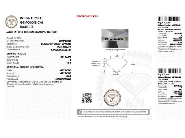 Diamant - pear 0.81 ct - e/vs1 (igi gecertificeerd) - afbeelding 4 van  4
