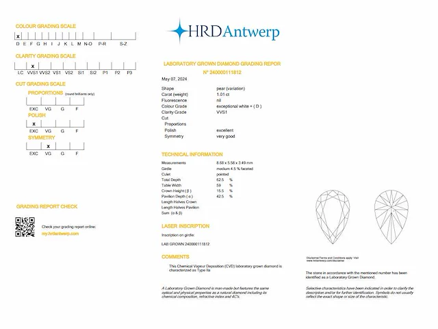 Diamant - pear 1.01 ct - d/vvs1 - (hrd gecertificeerd) - afbeelding 4 van  4