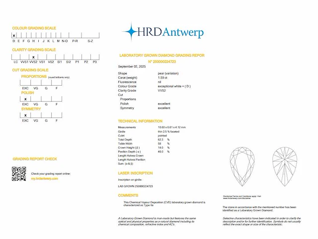 Diamant - pear 1.59 ct - d/vvs2 (hrd gecertificeerd) - afbeelding 4 van  4