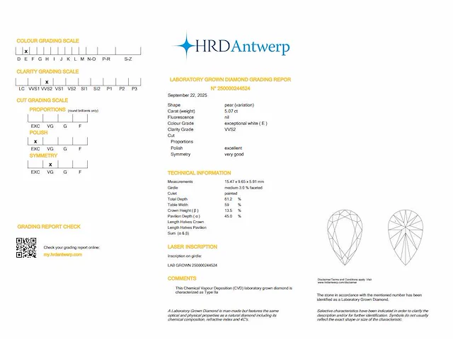 Diamant - pear 5.07 ct - e/vvs2 (hrd gecerertifceerd) - afbeelding 4 van  4