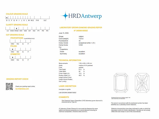 Diamant - radiant 1.02 ct - d/vvs2 (hrd gecertificeerd) - afbeelding 4 van  4