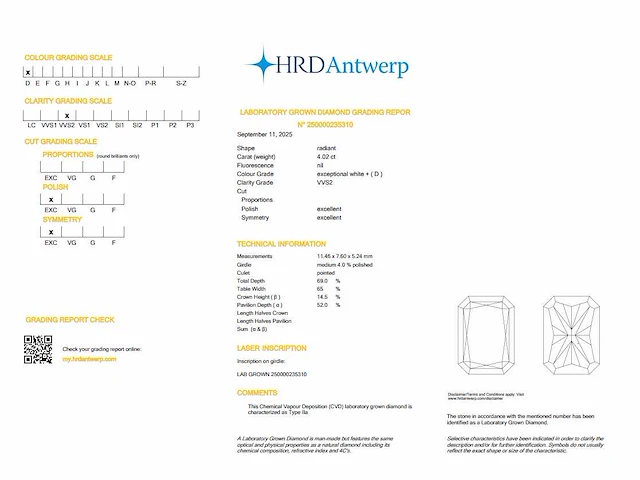 Diamant - radiant 4.02 ct - d/vvs2 (hrd gecertificeerd) - afbeelding 4 van  4