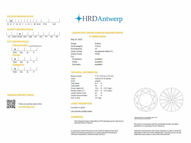 Diamant - round 0.53 ct - e/vvs2 (hrd gecertificeerd) - afbeelding 4 van  4