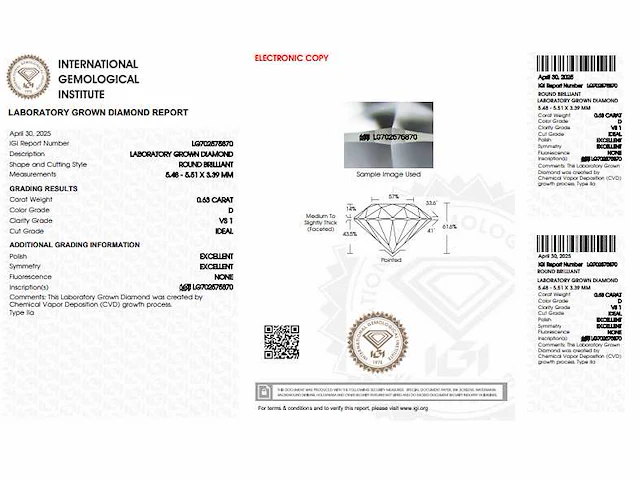 Diamant - round 0.63 ct - d/vs1 (igi gecertificeerd) - afbeelding 3 van  3
