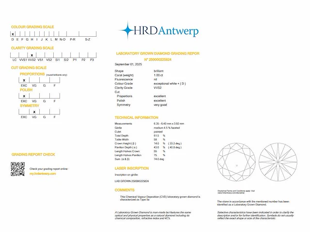 Diamant - round 1.00 ct - d/vvs2 (hrd gecertificeerd) - afbeelding 3 van  3