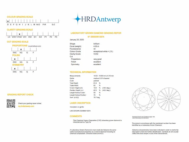Diamant - round 4.00 ct - d/vvs2 (hrd gecertificeerd) - afbeelding 4 van  4