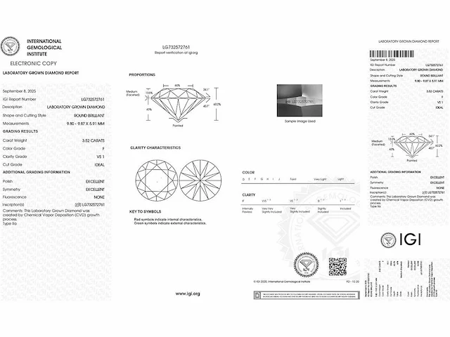 Diamond-round igi certified 3.52cts f vs1 - afbeelding 2 van  7