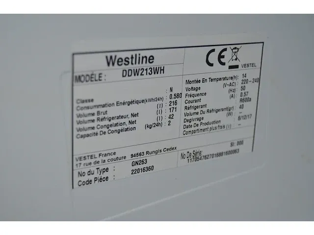 Diepvries met koelkast westline ddw213wh, staande lamp - afbeelding 6 van  7