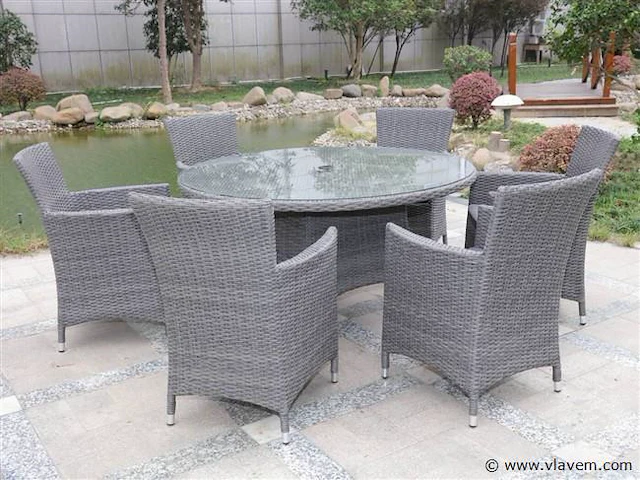 Dining set 7-delig - grijs wicker met grijze kussens - afbeelding 1 van  3