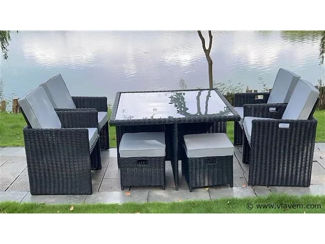 Diningset 9-delig black wicker / witte kussens - afbeelding 2 van  3