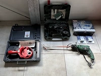 Diverse gereedschap w.o. steengzaag, schuifladder, tonstofzuiger, boormachine, werflampen, tegelsnijder, enz (19,27,30,32,34,35,36,37,38,39,46,54,55)