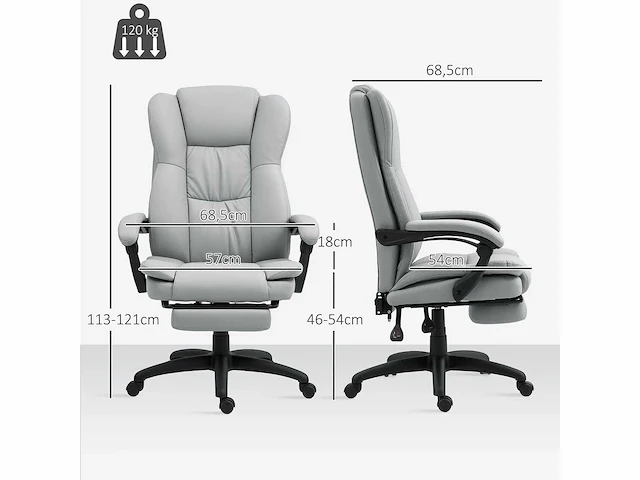 Draaibare bureaustoel met voetensteun, hoofdsteun, massagefunctie, synthetisch leer, 68,5x68,5x113-121cm - afbeelding 3 van  8