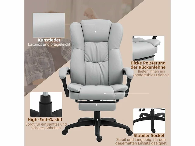 Draaibare bureaustoel met voetensteun, hoofdsteun, massagefunctie, synthetisch leer, 68,5x68,5x113-121cm - afbeelding 8 van  8