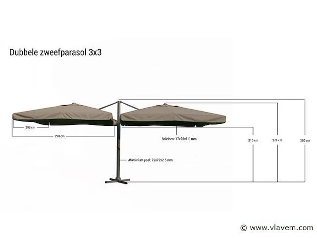 Dubbel hangende parasol zandkleurig (2 * 300x300cm) - afbeelding 2 van  3