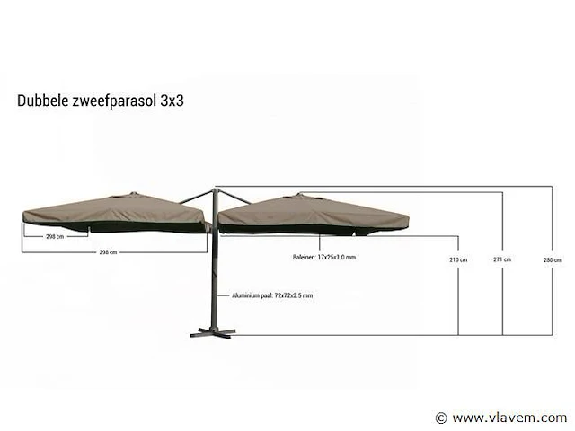Dubbele hangende parasol donkergrijs (2 * 300x400cm) - afbeelding 2 van  3