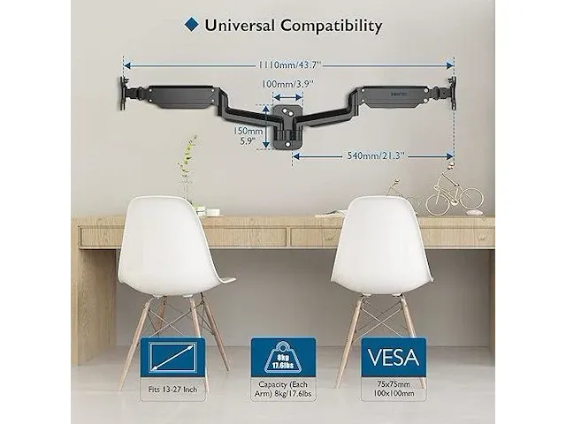 Dubbele monitor wall mount monitorhouder - afbeelding 2 van  3