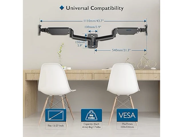 Dubbele monitor wall mount monitorhouder - afbeelding 3 van  3