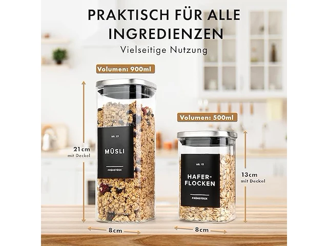 Edelhaus voorraadpotten met deksel van roestvrij staal (4 x 1000 ml, 8 x 600 ml) - afbeelding 2 van  2