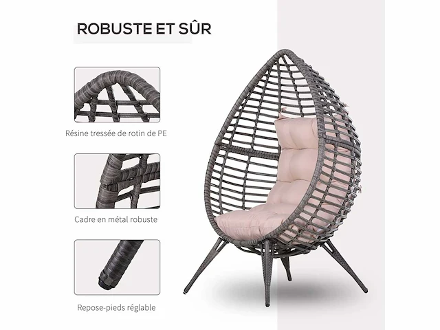 Egg cocoon fauteuil op vloer, design afm. 101l x 89b x 156h cm beige kussen met afneembare hoes, inclusief veel comfort, metaal, grijze hars - afbeelding 4 van  5