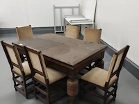 Eikenhouten eettafel met uitschuifbaar blad vlaamse stijl afm. 150x100 cm, 6 houten stoelen met beige stoffen zit - afbeelding 5 van  13