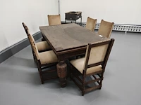 Eikenhouten eettafel met uitschuifbaar blad vlaamse stijl afm. 150x100 cm, 6 houten stoelen met beige stoffen zit - afbeelding 13 van  13