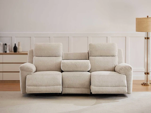 Elektrische 3-zits relaxbank met beige heide stoffen plank - afbeelding 2 van  9