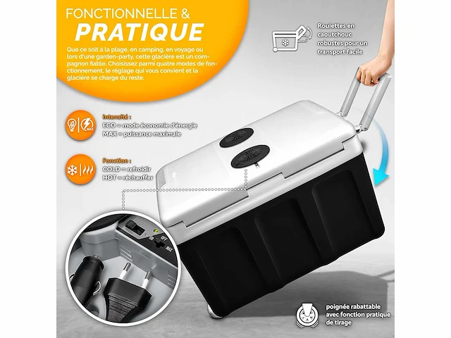 Elektrische koelbox van 40 l met wielen | 230v & 12v mini koelkast voor auto, auto, camping, koeling & warmte - afbeelding 3 van  6