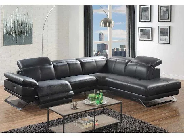 Elektrische relax lederen hoekbank - zwart - recht - afbeelding 1 van  8