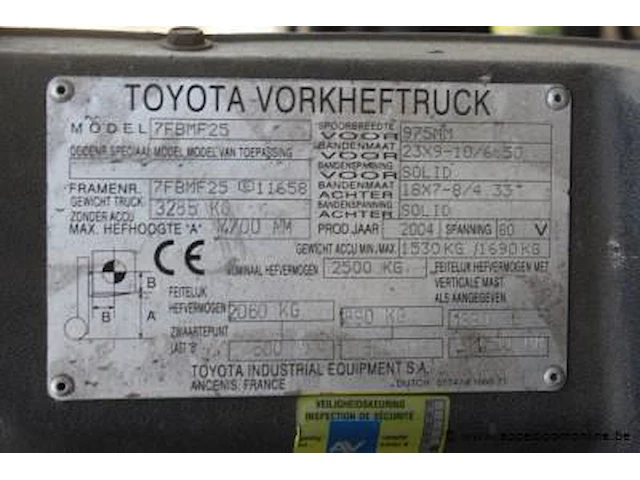 Elektrische vorkheftruck toyota, 7fbmf25, 3285kg, max 4700mm, nominaal hefvermogen 2500kg, bj 2004, 37608 werkuren - afbeelding 4 van  8