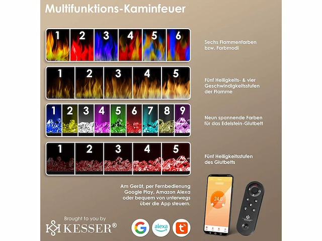 Elektrische wandhaard met verwarming 9 kleurmodi led-vlameffect, wandhaard 900/1800 w - afbeelding 3 van  8