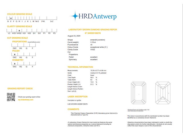 Emerald diamant 3.19ct – e/vvs2 – hrd - afbeelding 4 van  4