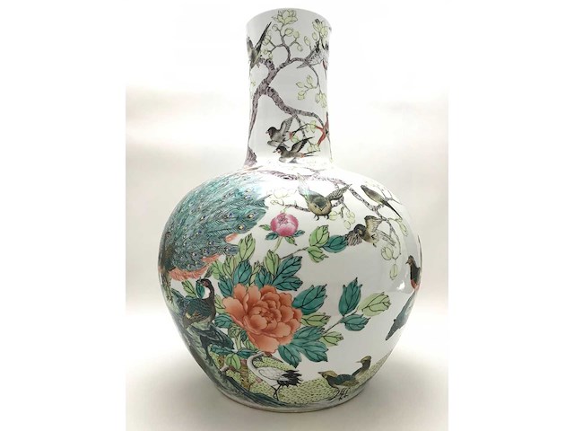 Enorm grote chinese bolvaas met vogels. 38cm diameter! gestempeld. - afbeelding 1 van  37