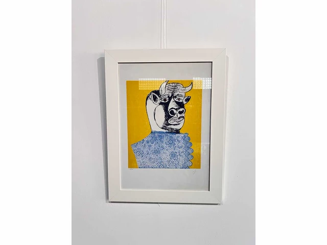 Enrico baj - baj chez picasso - minotaure 1969, litho's 70x50 cm - ingelijst. 83x63cm - afbeelding 1 van  9