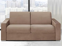 Express converteerbare 2-zitsbank in beige fluweel - bed met brede latten 120 cm - matras 14 cm met traagschuim - afbeelding 1 van  6