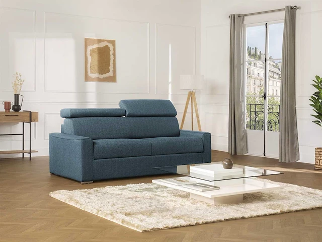 Express converteerbare 3-zitsbank in blauwe stof - bed met brede latten 140 cm - matras 18 cm met traagschuim - afbeelding 1 van  4