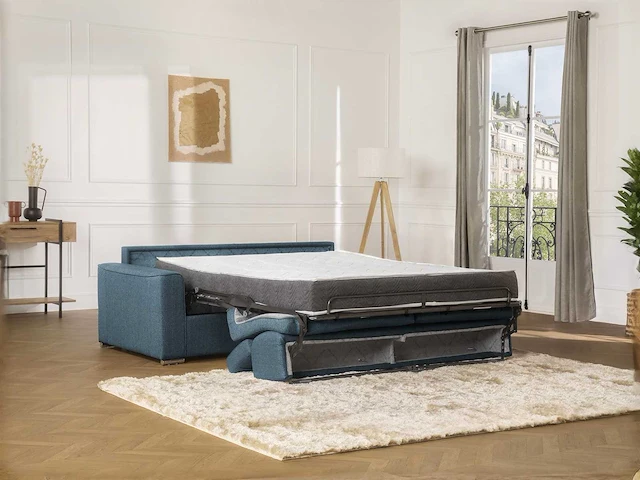 Express converteerbare 3-zitsbank in blauwe stof - bed met brede latten 140 cm - matras 18 cm met traagschuim - afbeelding 2 van  4