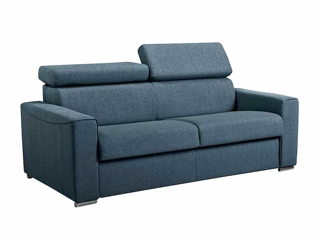 Express converteerbare 3-zitsbank in blauwe stof - bed met brede latten 140 cm - matras 18 cm met traagschuim - afbeelding 3 van  4