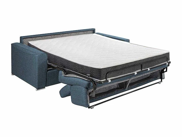 Express converteerbare 3-zitsbank in blauwe stof - bed met brede latten 140 cm - matras 18 cm met traagschuim - afbeelding 4 van  4