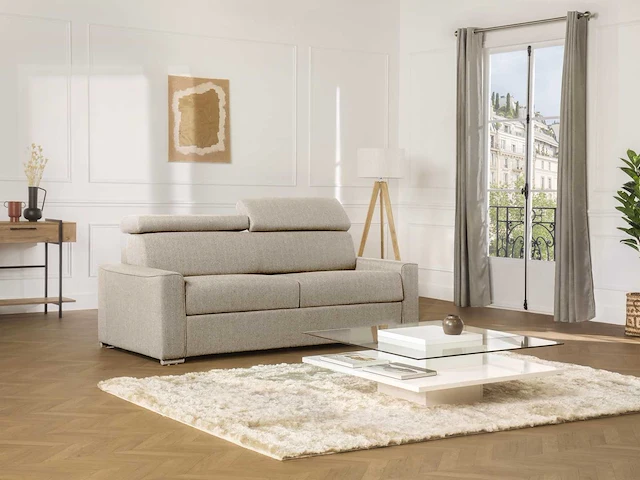 Express converteerbare 4-zitsbank in beige stof - bed met brede latten 160 cm - matras 18 cm - afbeelding 2 van  4