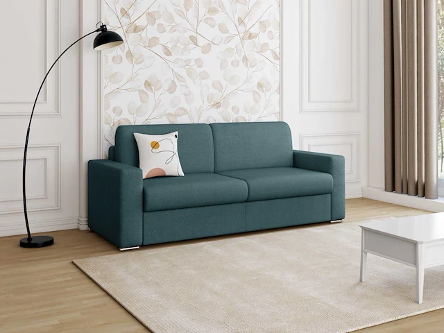 Express converteerbare 4-zitsbank in blauwe stof - slaapplaatsen 160 cm - matrassen 14 cm - afbeelding 1 van  3