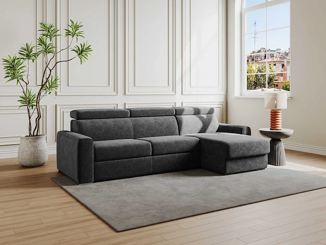 Express converteerbare omkeerbare hoekbank in antracietgrijs corduroy - bed met brede latten 160 cm - matras 22 cm traagschuim - afbeelding 1 van  7
