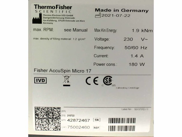 Fisher scientific - accuspin micro 17 - centrifuge - 2021 - afbeelding 2 van  2