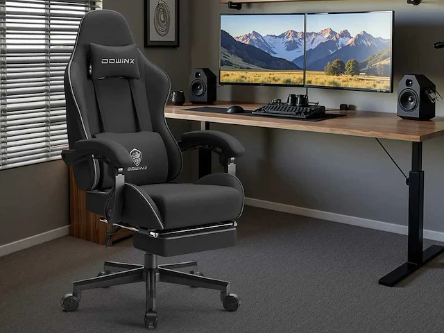Gaming stoel - achterover leunen met voetensteun - zwart ademende stof - afbeelding 1 van  7
