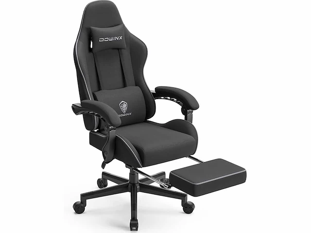 Gaming stoel - achterover leunen met voetensteun - zwart ademende stof - afbeelding 2 van  7