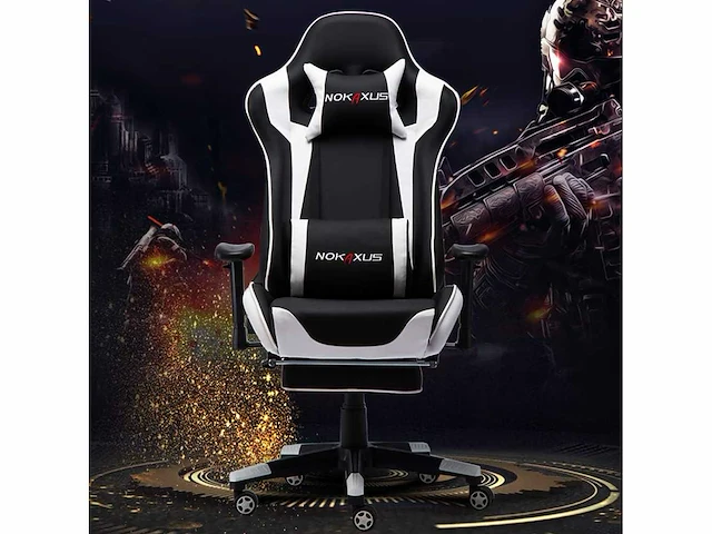 Gaming stoel, - lendensteun - massage en intrekbare voetsteun - afbeelding 5 van  12